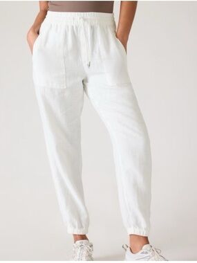 Athleta Retreat Linen Jogger Pants White Calla Lily Elastic Waist 100% Linen 16